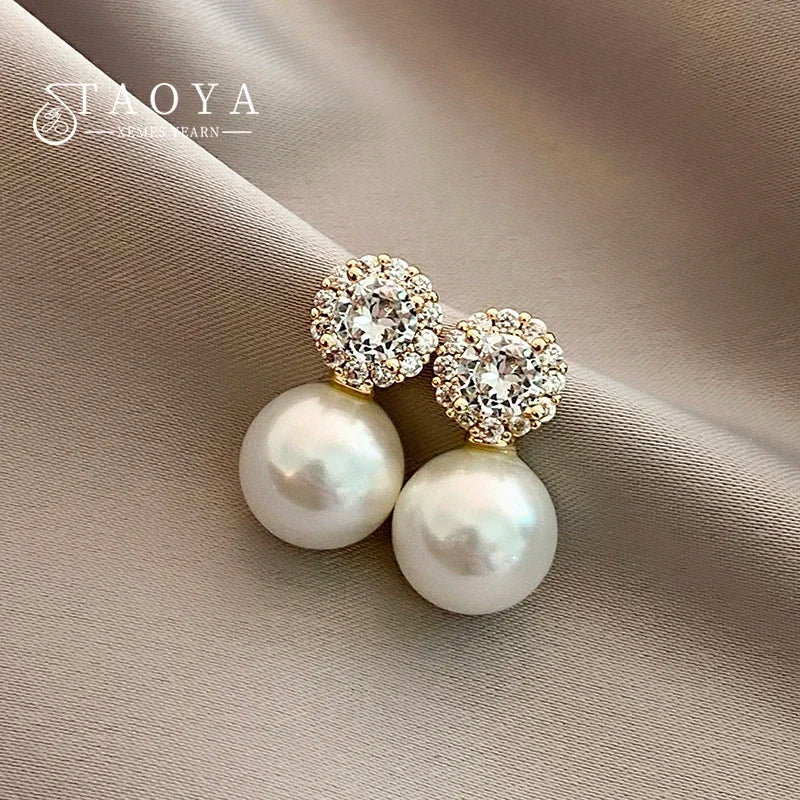 Zircon Round Pearl Earrings